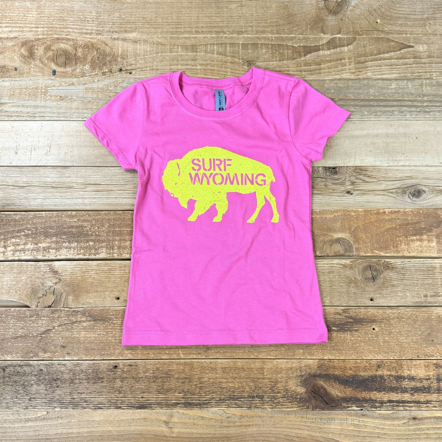 Youth Girls Surf Wyoming® Yellow Bison Logo Tee - Neon Barbie
