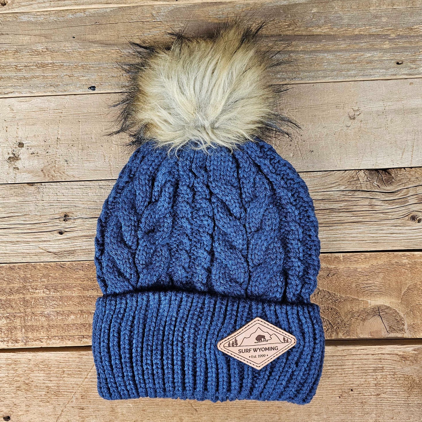 Surf Wyoming® Diamond Leather Patch Pom Beanie • Navy