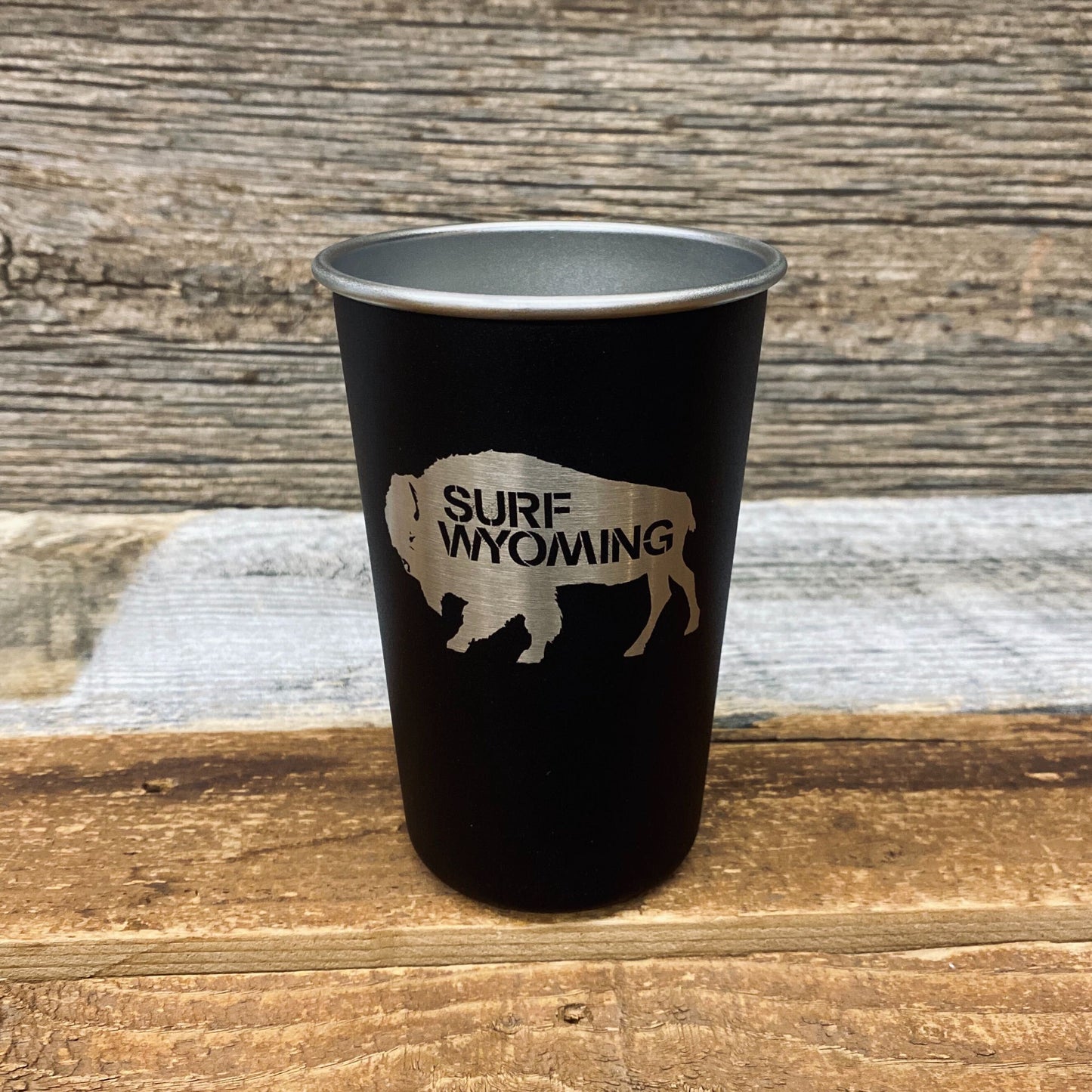 Surf Wyoming® Stainless Steel Silver Bison Camping Pint - Matte Black