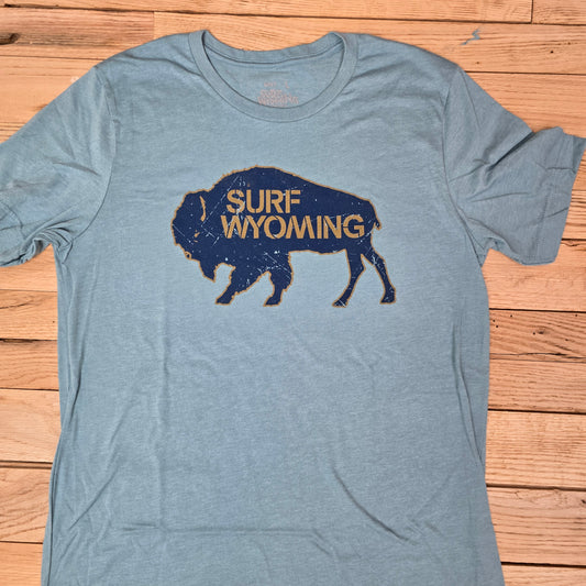 Men's Surf Wyoming® Navy/ Gold Metallic Bison Logo Tee - Heather Blue Lagoon