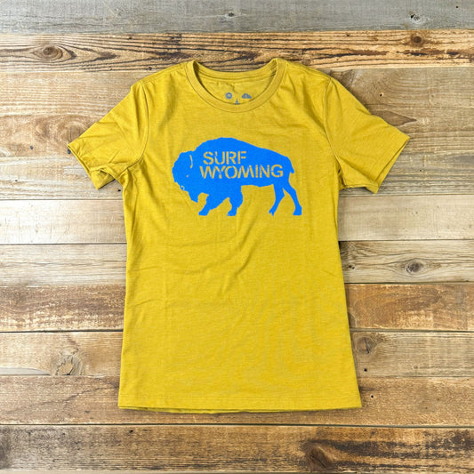 Women's Surf Wyoming® Retro Blue Bison Logo Relaxed Tee - Mustard