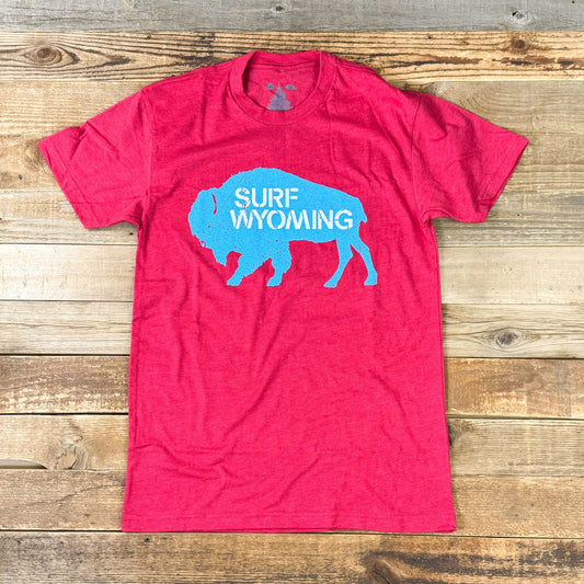 Unisex Surf Wyoming® Ice Blue Bison Logo Tee - Suess Red