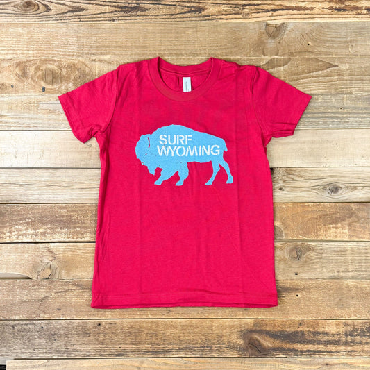 Youth Surf Wyoming® Ice Blue Bison Logo Tee - Suess Red