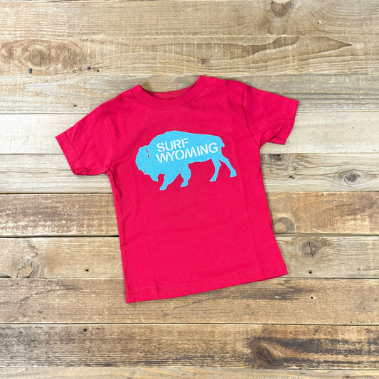 Toddler Surf Wyoming® Ice Blue Bison Logo Tee - Suess Red