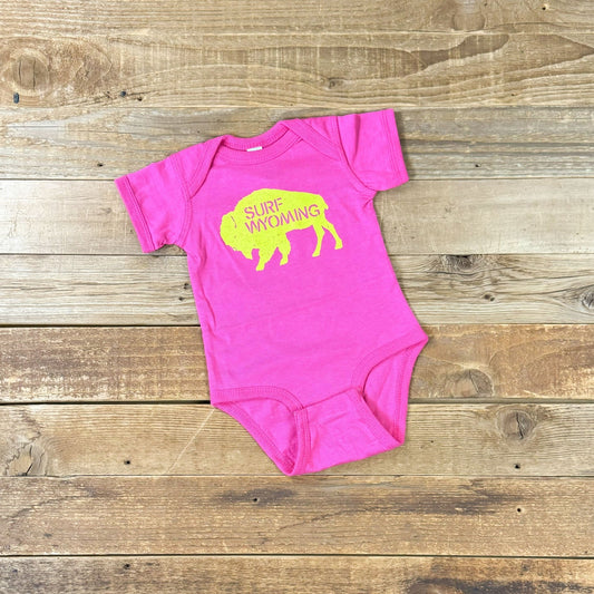 Infant Surf Wyoming® Yellow Bison Logo Onesie - Neon Barbie