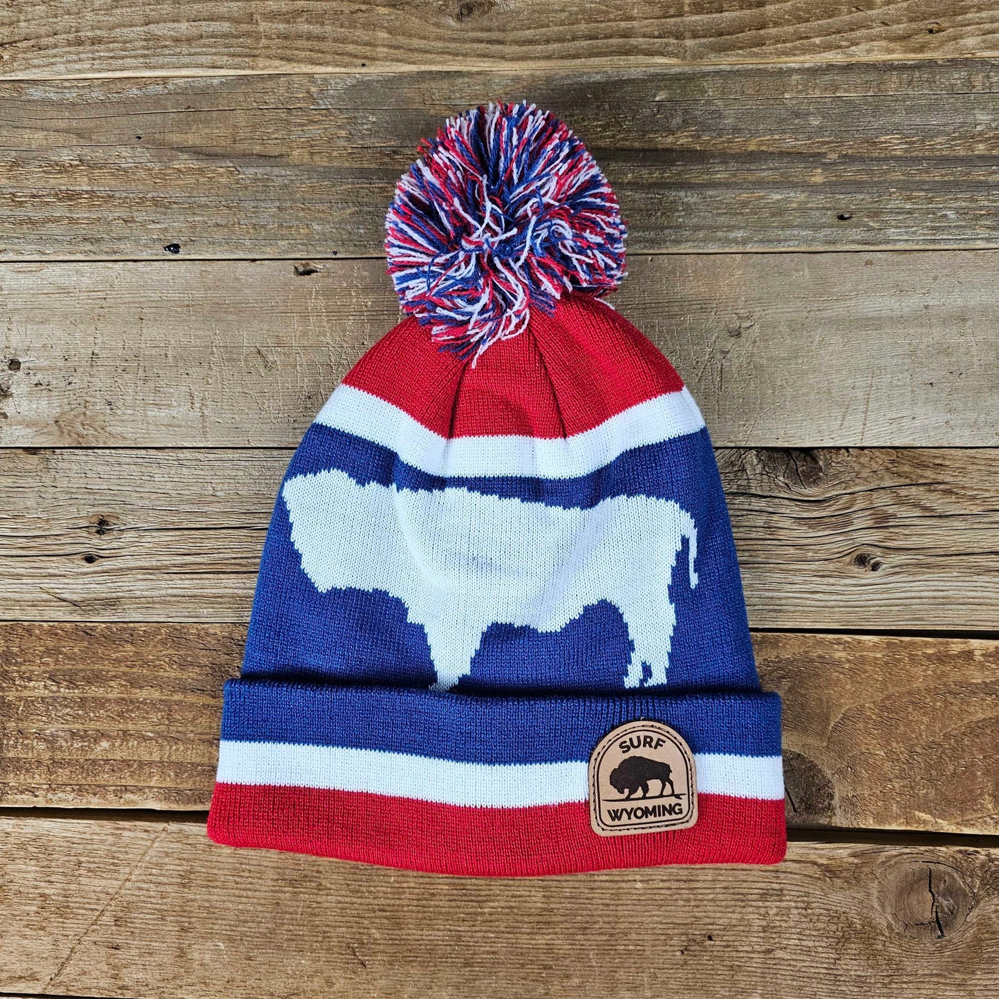 Surf Wyoming Leather Bison Patch Pom Beanie • Red/White/Blue