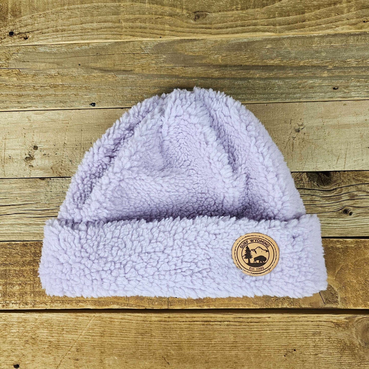 Surf Wyoming Circle Leather Patch Sherpa Fleece Beanie • Lilac
