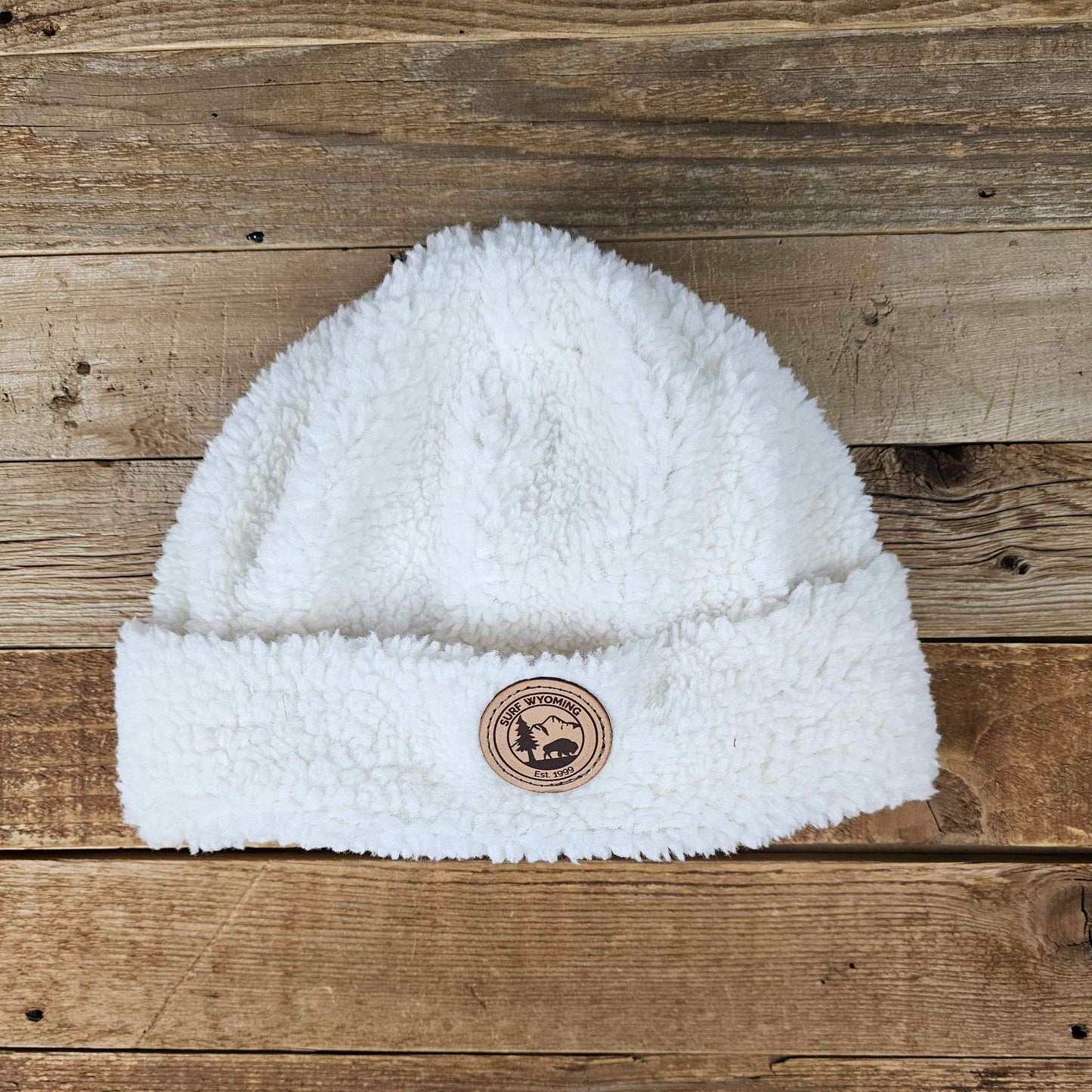 Surf Wyoming Circle Leather Patch Sherpa Fleece Beanie • Off White