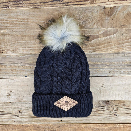 Surf Wyoming® Diamond Leather Patch Pom Beanie •  Black