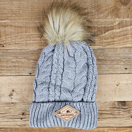 Surf Wyoming® Diamond Leather Patch Pom Beanie • Grey