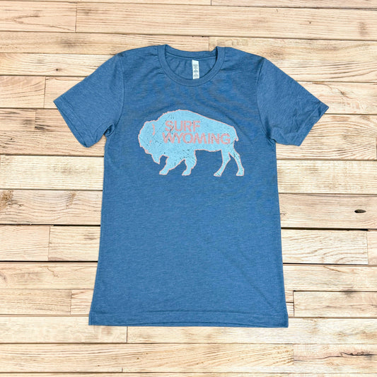 Surf Wyoming® Outline Bison Logo Tee - Heather Slate Blue