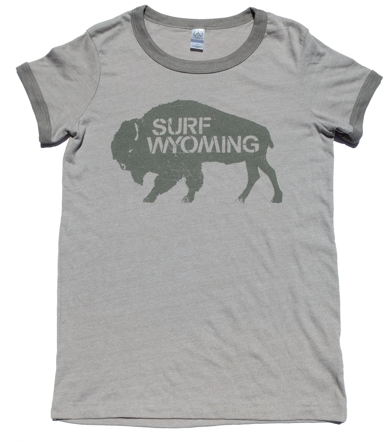 Surf Wyoming-Women's Surf Wyoming® Bison Surplus Ringer Tee - Brushed Nickel (an Eco-friendly product)-
