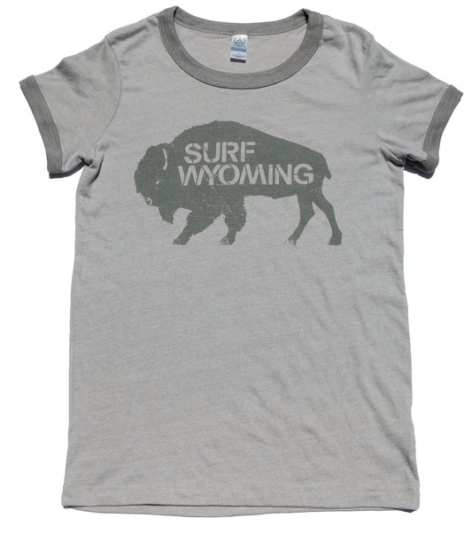 Surf Wyoming-Women's Surf Wyoming® Bison Surplus Ringer Tee - Brushed Nickel (an Eco-friendly product)-