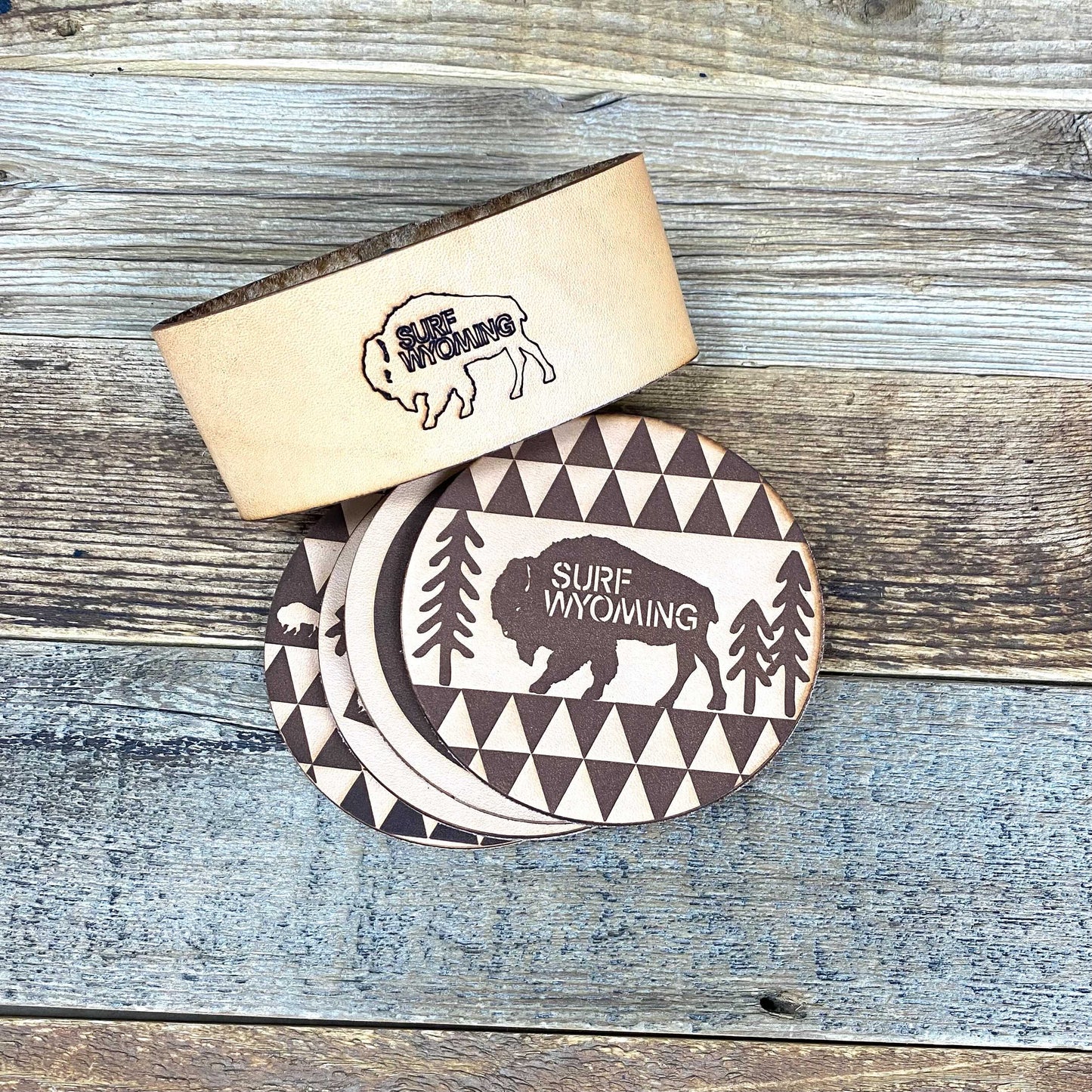 Surf Wyoming® Leather Coasters - Set of 4