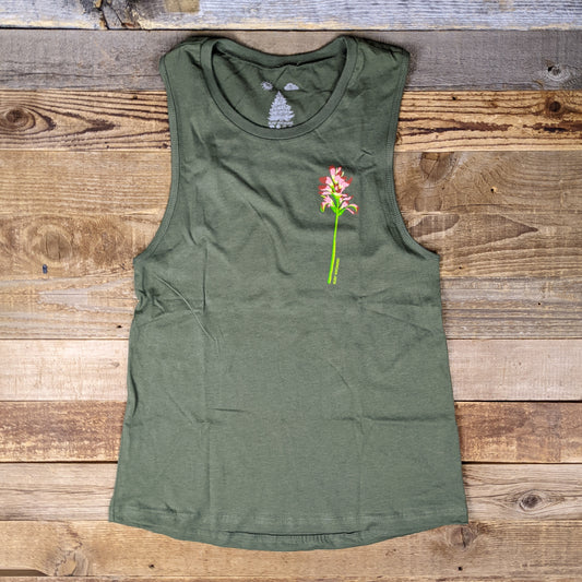 Women's Surf Wyoming® Indian Paintbrush Sleeveless Tee - Military Green *fitted