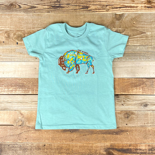 Youth Surf Wyoming® Gee'ode Logo Bison Tee - Heather Dusty Blue